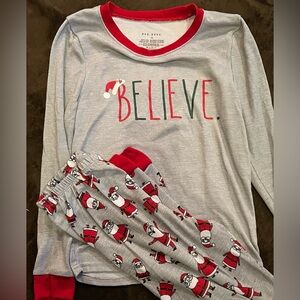 Rae Dunn Kids Christmas Believe Pajamas Grey with Red Santas and Believe Size 12
